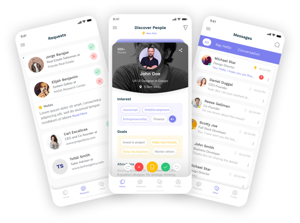 Professional networking app interface