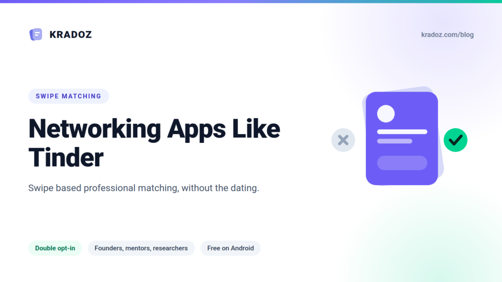 Networking app like Tinder, shown as a swipe card with a pass and a match