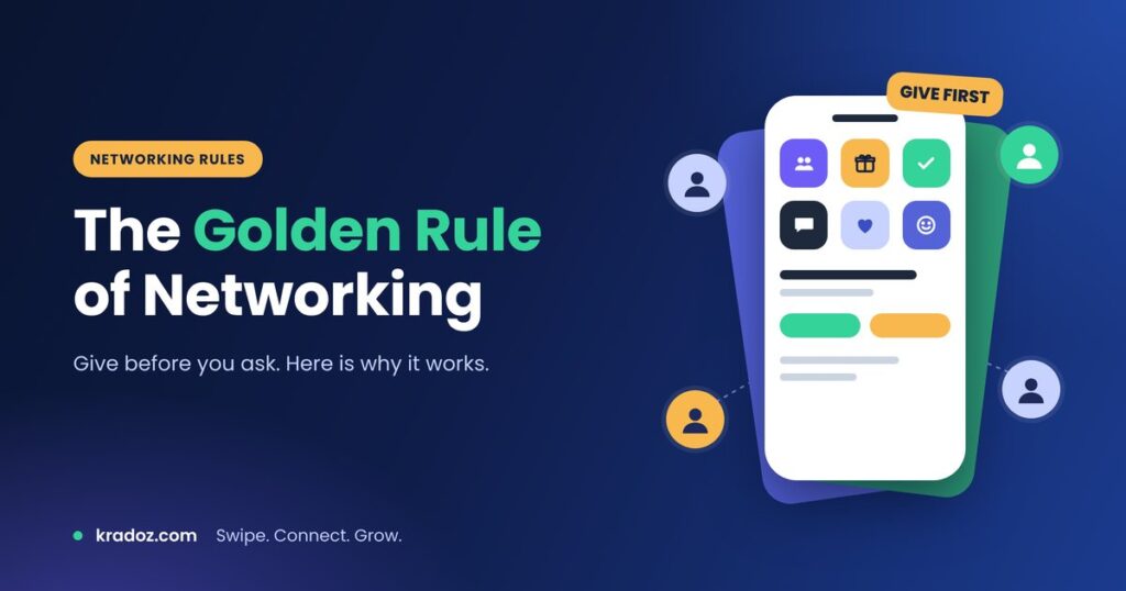 The golden rule of networking, give before you ask, shown with a phone and connected profiles