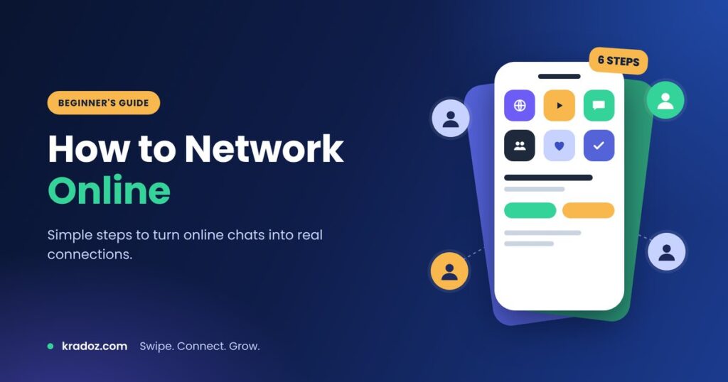 How to network online guide showing a phone with profile cards and chat bubbles
