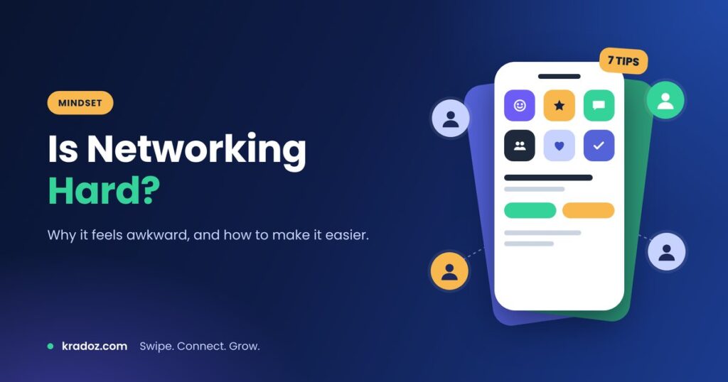 Is networking hard illustration showing a phone with friendly profile cards and a thumbs up
