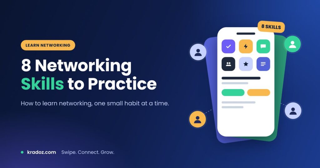 Networking skills guide showing a phone with a checklist and connected profiles