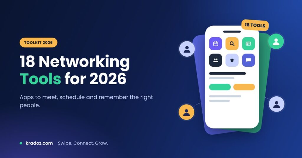 Networking tools for 2026 shown as app tiles on a phone, with calendar, contacts and chat icons