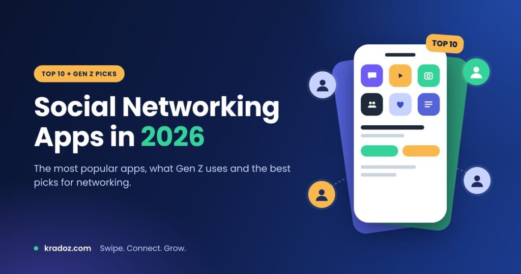 Social networking apps in 2026 guide cover showing a phone with app icons and connected profiles