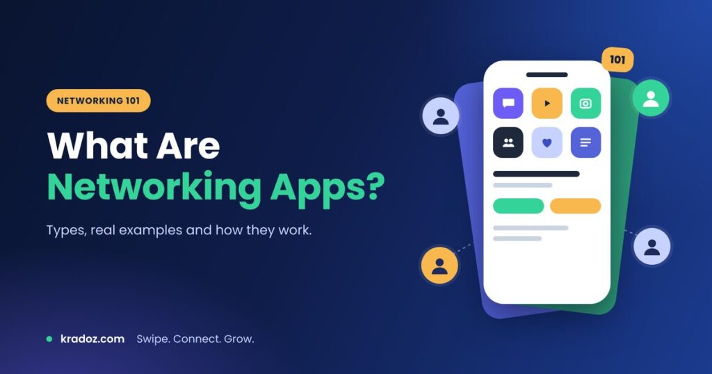 What are networking apps explained, with a phone showing profile cards and connected people