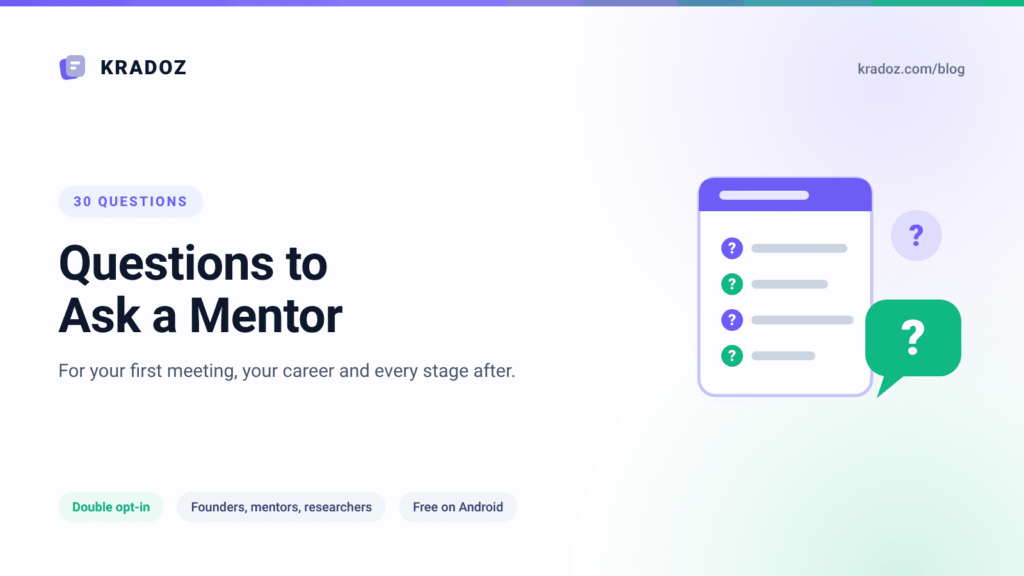 Questions to ask a mentor, shown as a notebook of questions and a chat bubble