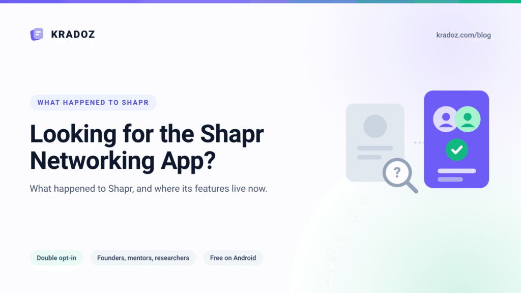 Shapr networking app replacement, shown as a search card and a mutual match card